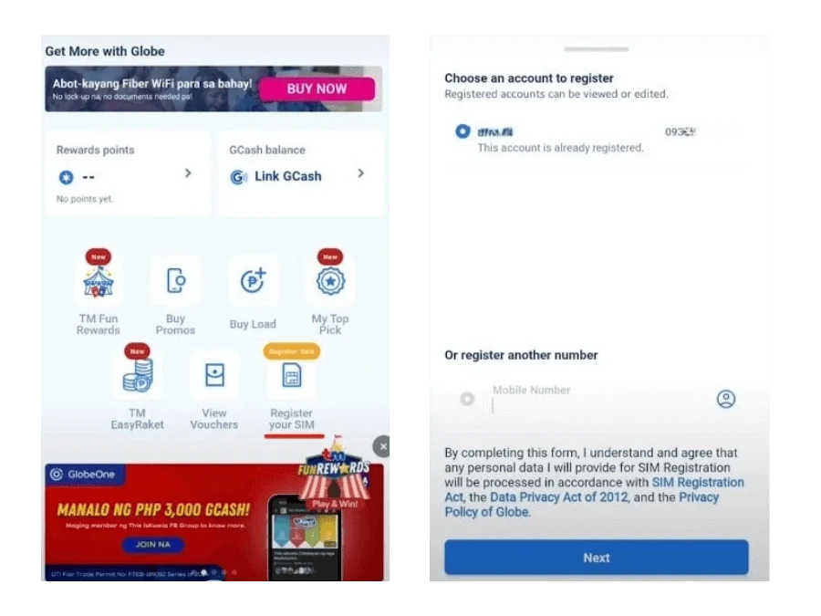 GlobeOne App tm sim register