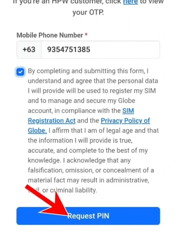 Type your 11-digit TM sim number